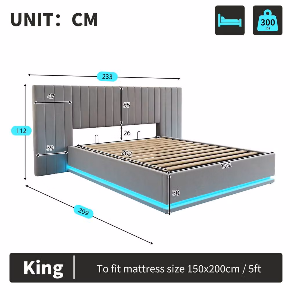 Matteo King Ottoman Storage Bed Frame in Grey Velvet with LED Lighting and USB Charging Station, W: 180 cm x D: 200 cm – 5