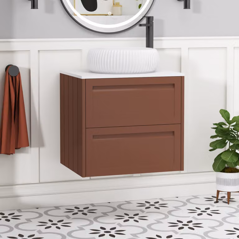 Royal Bathrooms Elmore Wall Hung Vanity Unit with Milan Basin, Terracotta Clay and White Worktop, 600mm