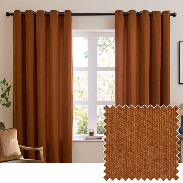 Furn Soft Chenille Blackout Eyelet Curtain Pair in Orange, W: 168 cm, D: 183 cm