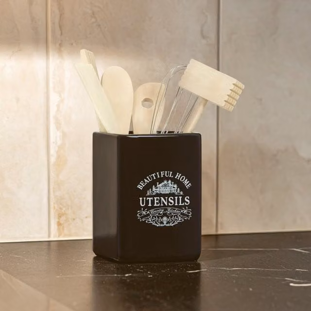 Maison by Premier Black Ceramic and Wood Square Utensil Holder with 6 Utensils