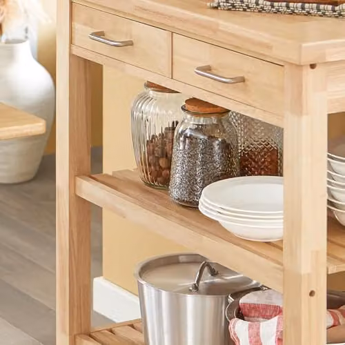 SoBuy Modern Kitchen Trolley on Wheels with 2 Drawers and 2 Shelves in White and Beige, W/D/H: 80 x 40 x 90 cm – 2