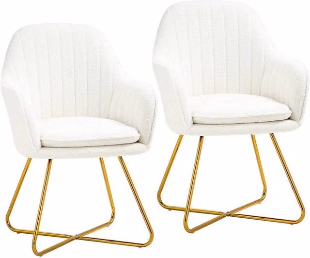 PAWNORA Set of 2 Modern White Bouclé Dining Chairs with Armrests
