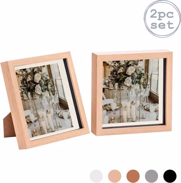 Nicola Spring Pack of 2 Brown Square 3D Box Photo Frames with Glass and Wood Finish