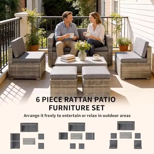 Outsunny 6 Piece Rattan Garden Furniture Set in Grey with Upholstered Cushions – 3