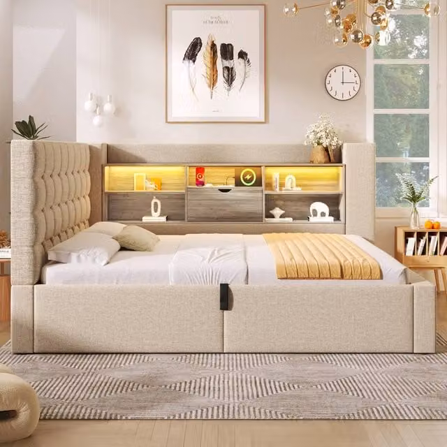 Rolipo Beige Linen Daybed with Storage, 3FT Single Sofa Bed with LED Lights and USB Charging Port, W/D/H: 90 x 190 cm