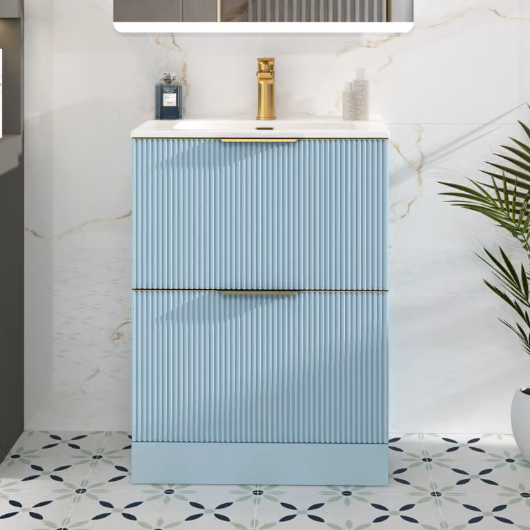 Royal Bathrooms Evora 700mm Powder Blue Fluted Floor Standing Vanity Unit with 2 Drawers, Ceramic Basin and Brushed Brass Handles
