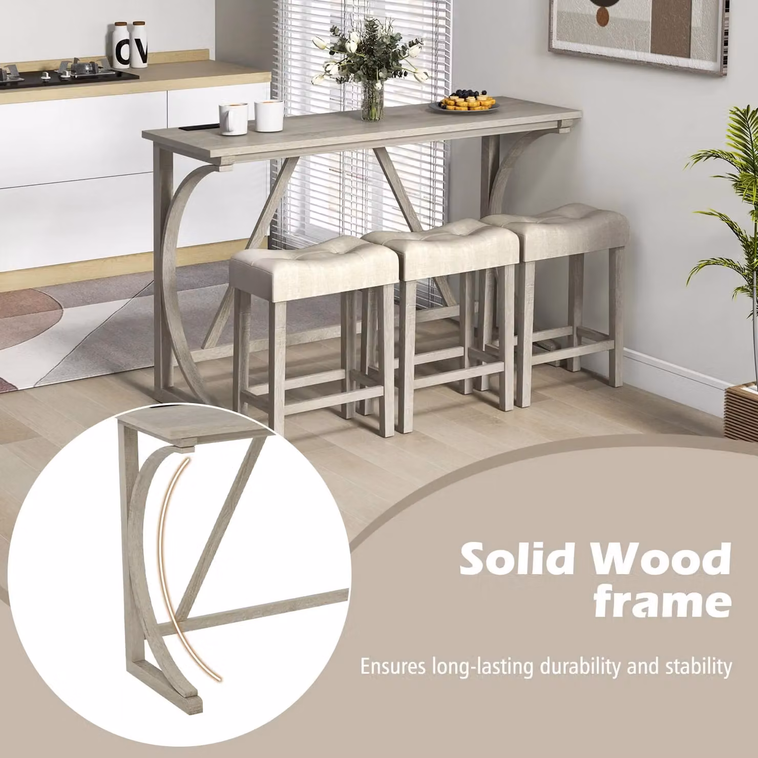 Costway 4-Piece Grey Rustic Wood Bar Table Set with Power Outlet and Counter Height Bistro Table – 3