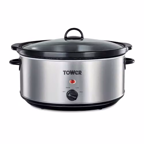 Tower Slow Cooker in Silver with 6.5L Capacity, 3 Heat Settings and Dishwasher Safe Parts – 1