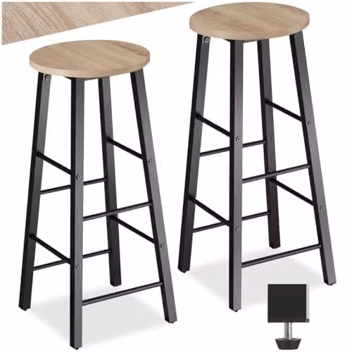tectake Set of 2 Modern Minimalist Bar Stools with Industrial Steel Frames and Light Wood Seats in Black and Brown
