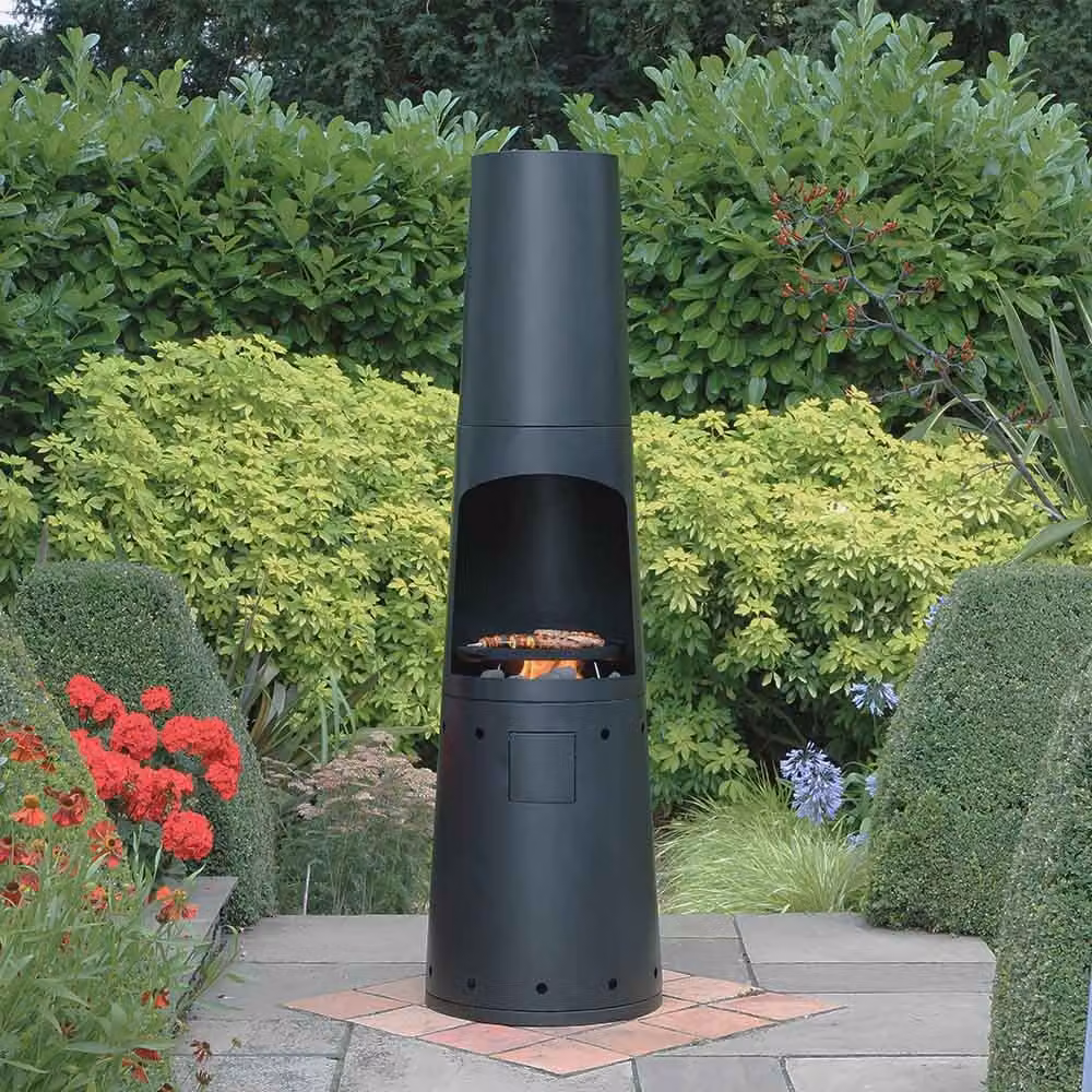 Casa Mia Primo Black Steel Gas Chiminea with Cooking Griddle