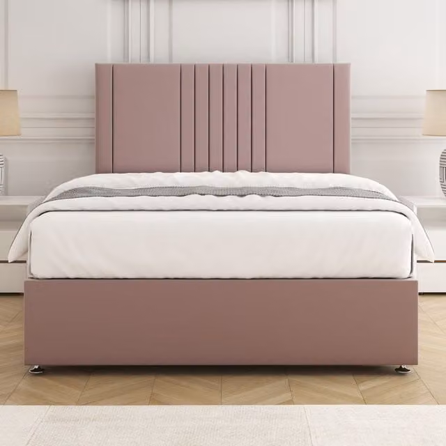 BSSPOKE Monaco Velvet Plush Divan Bed Set with 24 inch Headboard and Mattress in Pink, King Size, W/D/H: 180 x 200 cm