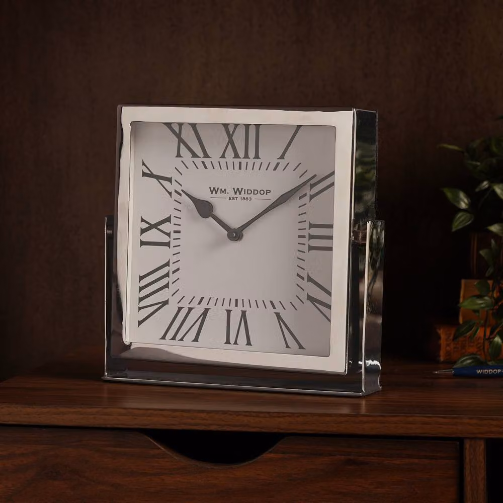 William Widdop Silver Square Metal Mantle Clock with White and Black Analog Face – 2