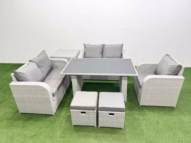 Fimous 7 Seater Outdoor Furniture Set with Love Sofa, Side Table and 2 Stools in Light Grey