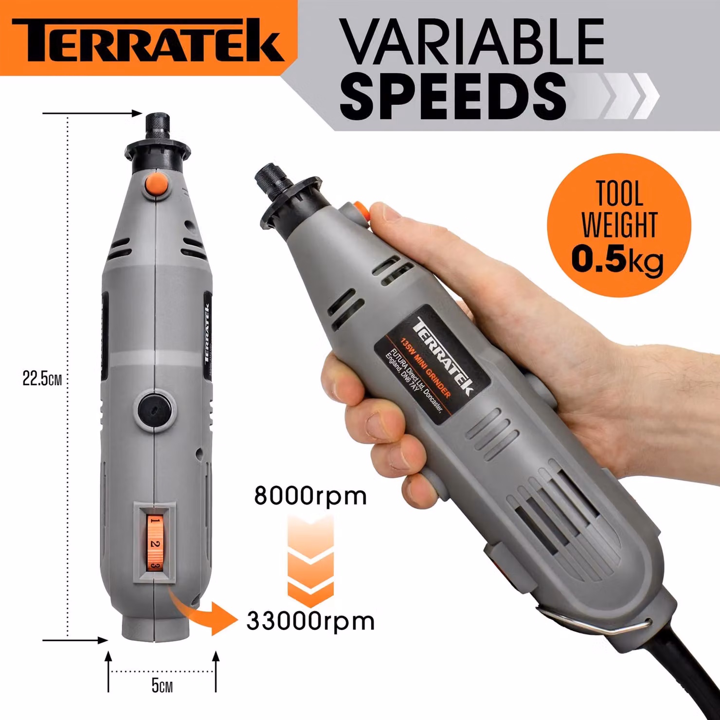 Terratek Corded Rotary Tool with 234pc Accessory Set, 135W Variable Speed, Orange and Grey – 3