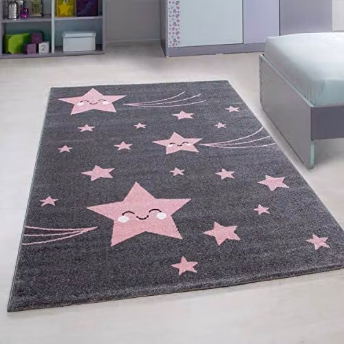 Bravich Pink Stars Kids Rug, W: 160 cm, D: 230 cm, Soft Anti-Allergic Polypropylene Play Mat for Bedrooms and Nurseries
