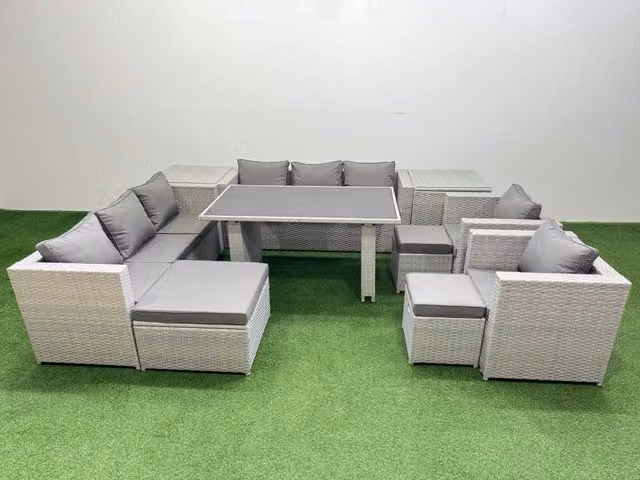 Fimous 11 Seater Outdoor Dining Set with 3 Seater Sofa and 2 Side Tables in Light Grey