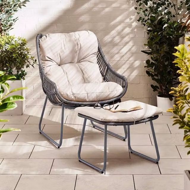FurnitureboxUK Tahiti Grey Rattan Outdoor Garden Chair and Footrest with Beige Cushions – 1
