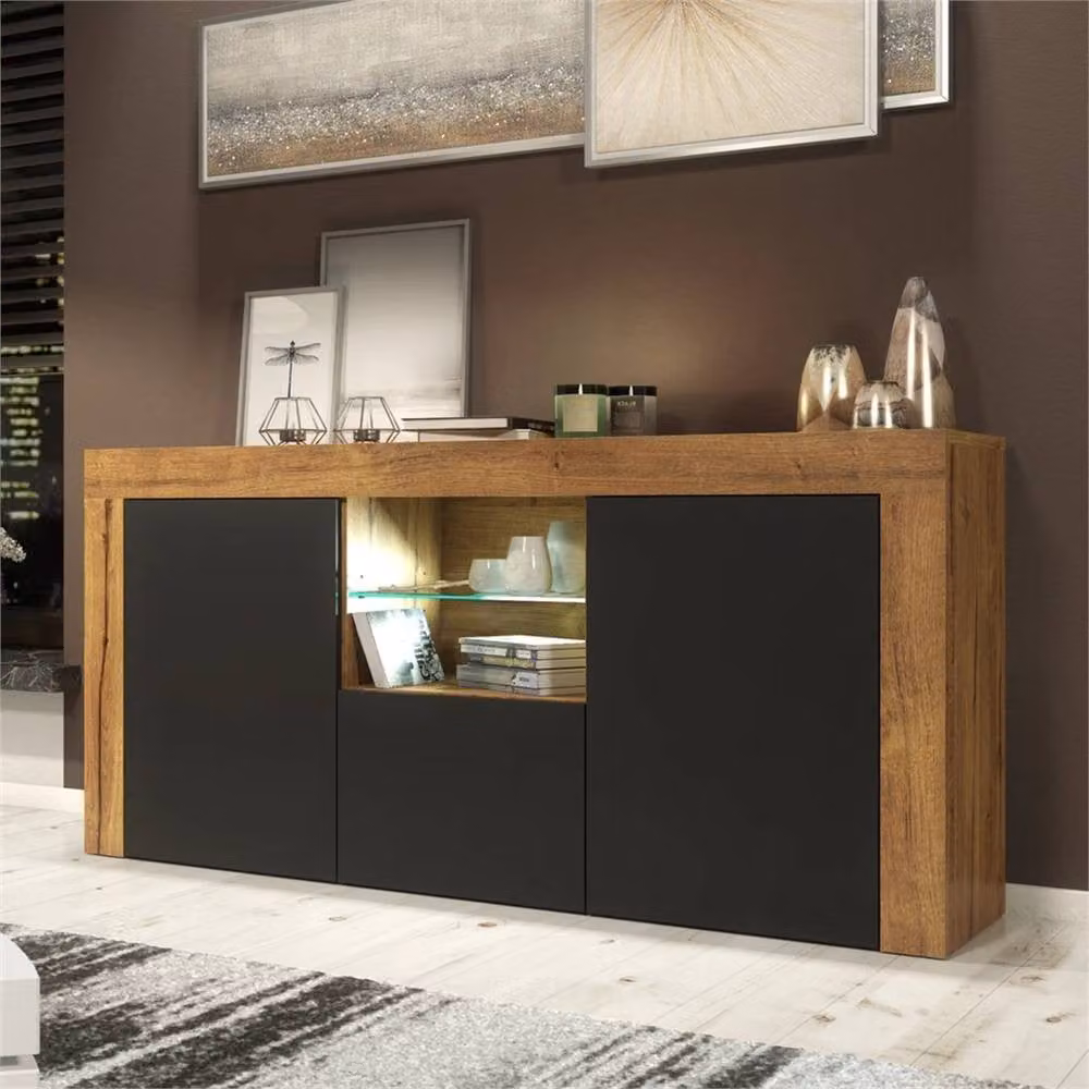 FORGEVIO Modern Oak and Black Matt TV Unit Cabinet with Integrated Lighting – 2