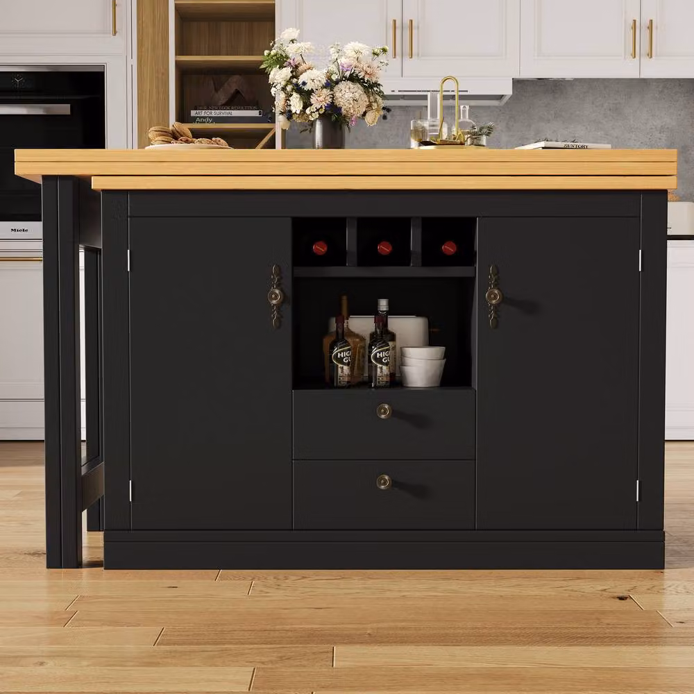 Rolipo Extendable Kitchen Island and Rotating Bar Table with Storage in Matt Black – 8