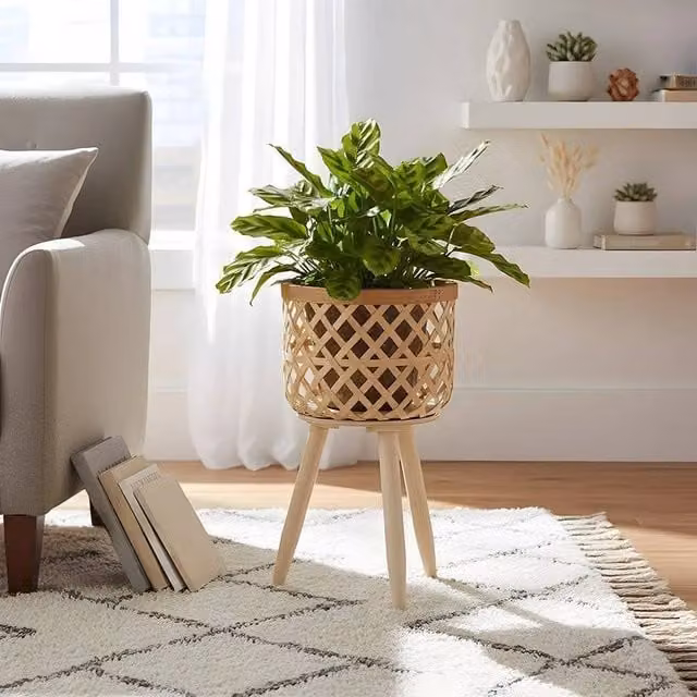EONLION Medium Rustic Rattan Basket Flower Stand with Wood Base in Brown