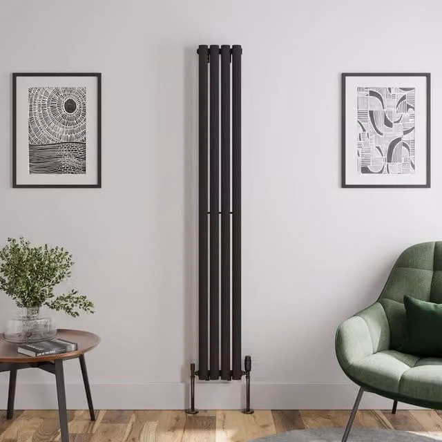 Temprazo Oval Tube Single Panel Vertical Designer Radiator in Black, H: 180 cm, W: 24 cm