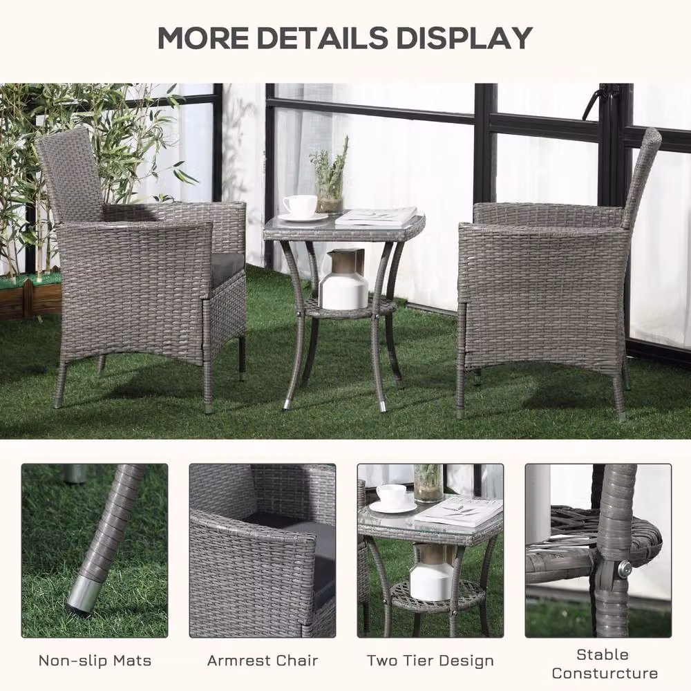 Matteo Grey Rattan Effect 2-Seat Bistro Set with Glass Top Table – 3
