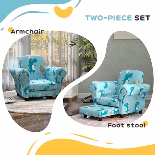 AIYAPLAY Kids Armchair and Stool Set in Blue Cloud Design for Ages 1.5-3 Years – 3