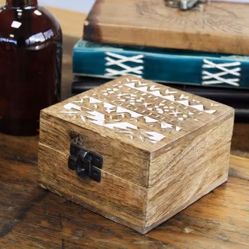 Ancient Wisdom White Washed Solid Wood Box in Brown with 4x4 Slavic Design – 2