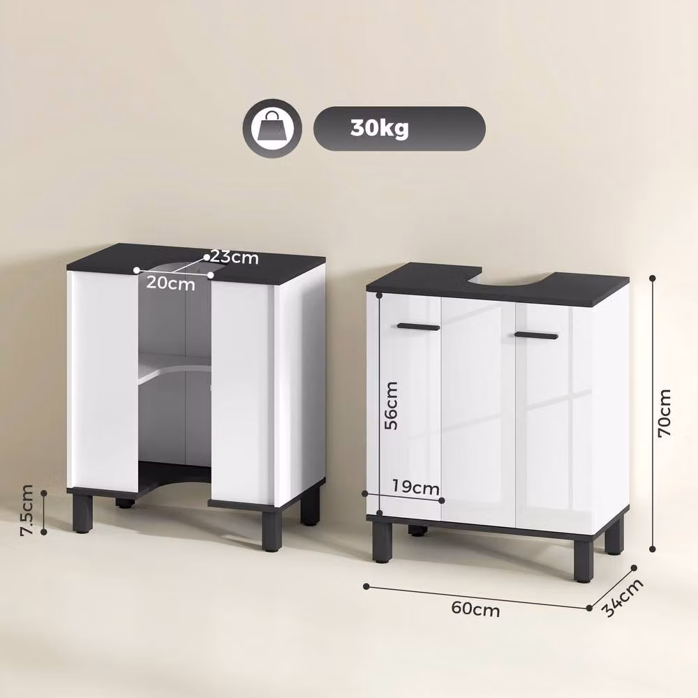 STILVORA Modern Glossy White Freestanding Under Sink Bathroom Cabinet with Internal Shelves and Hinged Doors – 2