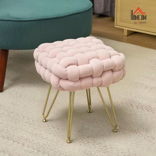 HOMCOM Pink Velvet Square Foot Stool with Metal Legs – 2