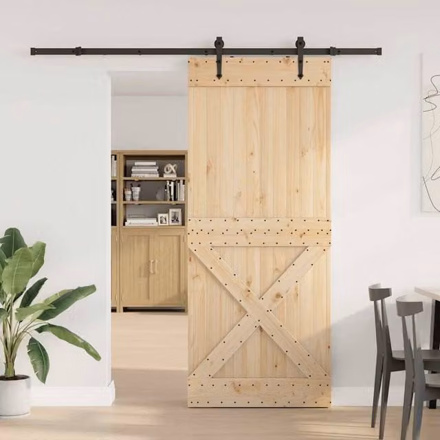Berkfield Home Rustic Sliding Door with Hardware Set, Solid Wood and Steel, Beige, W: 95 cm, H: 210 cm