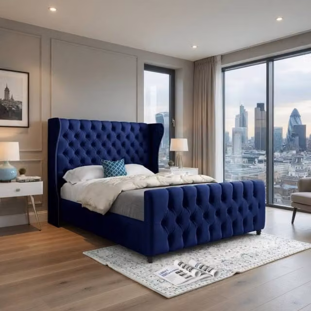 KDMD Keysoe Blue Velvet Upholstered Chesterfield Designer Bed Frame, Size: 180 x 200 cm – 1