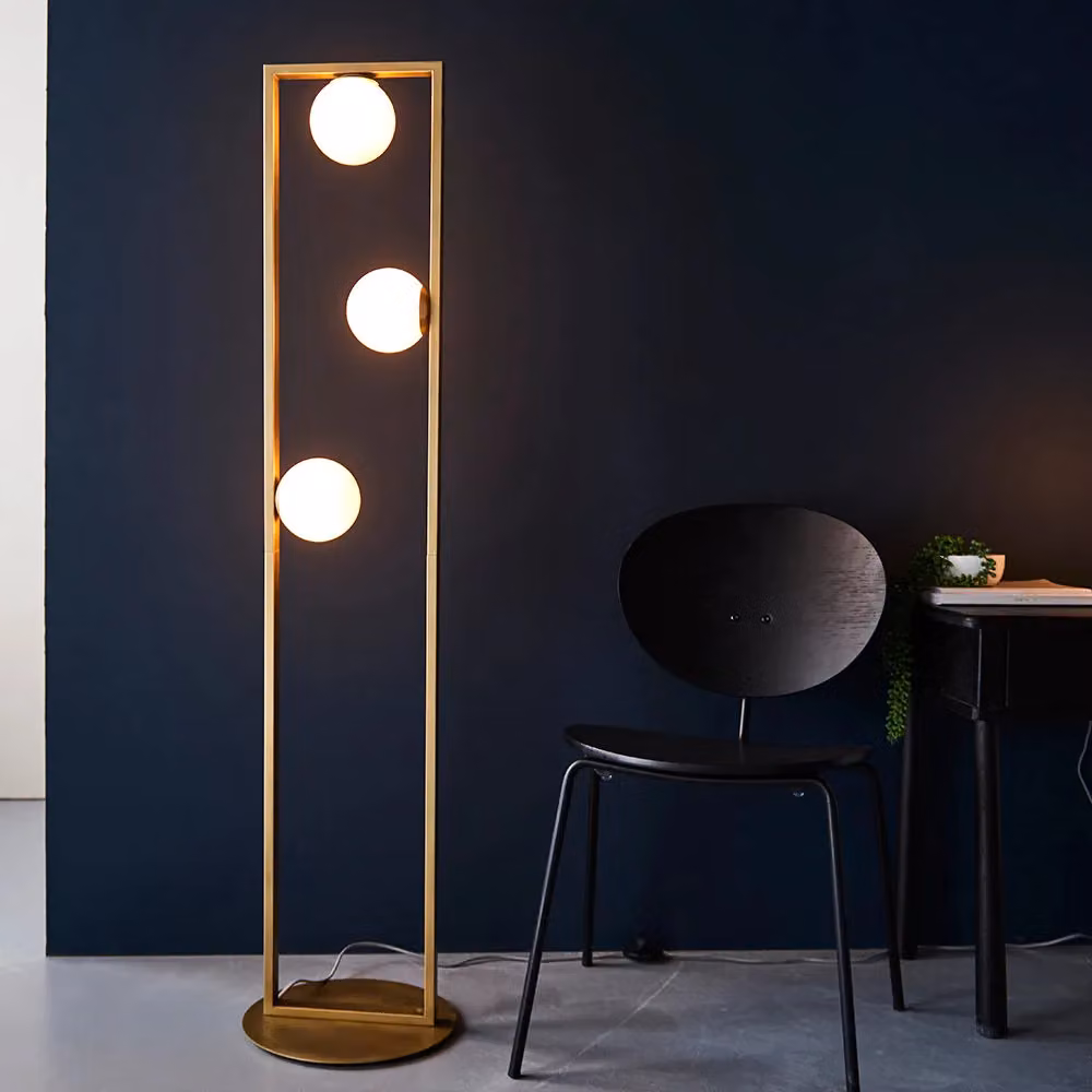 Loops Geometric 3 Light Floor Lamp in Brushed Gold with Clear Glass Opal Sphere Shades, Height: 141 cm – 2