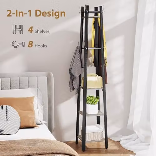 HOMCOM Industrial Coat Stand with 8 Hooks and 4 Shelves in Grey and Black – 3