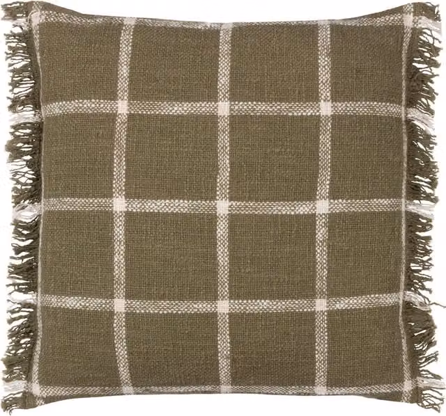 Beni Check Square Checked Cotton and Polyester Filled Cushion in Green and Beige