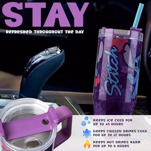 Disney Stitch Insulated Tumbler Travel Mug in Purple, 940ml Stainless Steel Water Bottle with Straw and Handle – 6