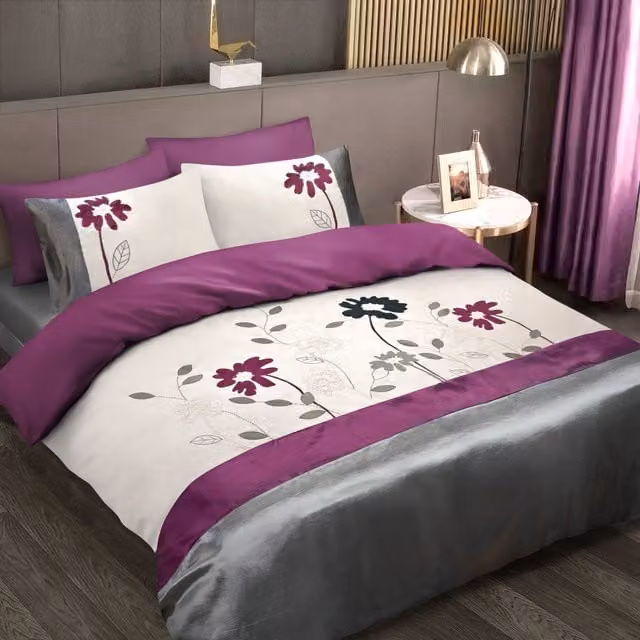 Intimates Luxury Floral Embellished Duvet Cover and Pillowcase Set in Grey, Purple, Blue and White, W: 180 cm x L: 200 cm