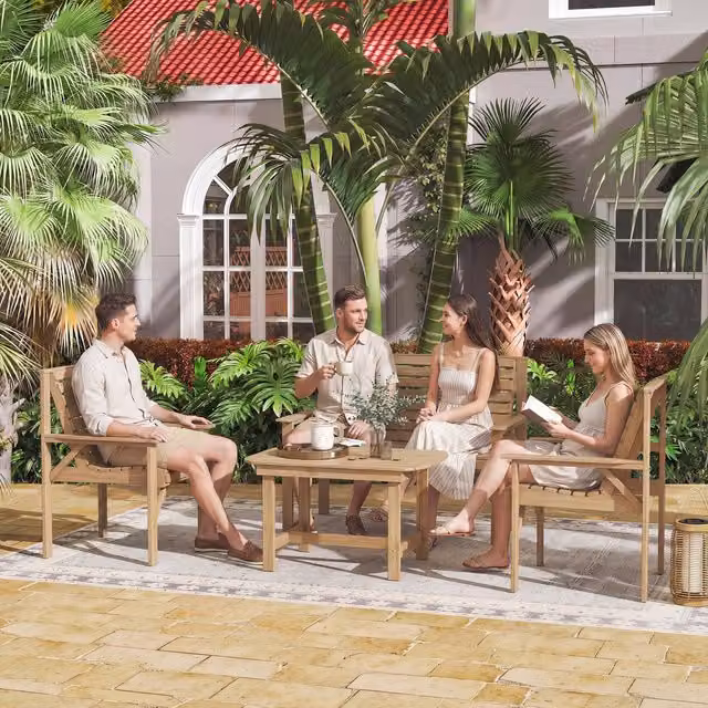 Outsunny Rustic Wooden Garden Furniture Sofa Set in Brown