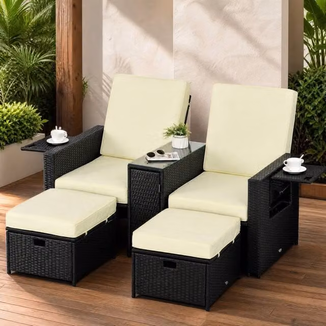STILVORA 5 Piece Sun Lounger Set with Storage Footstools in Black – 1