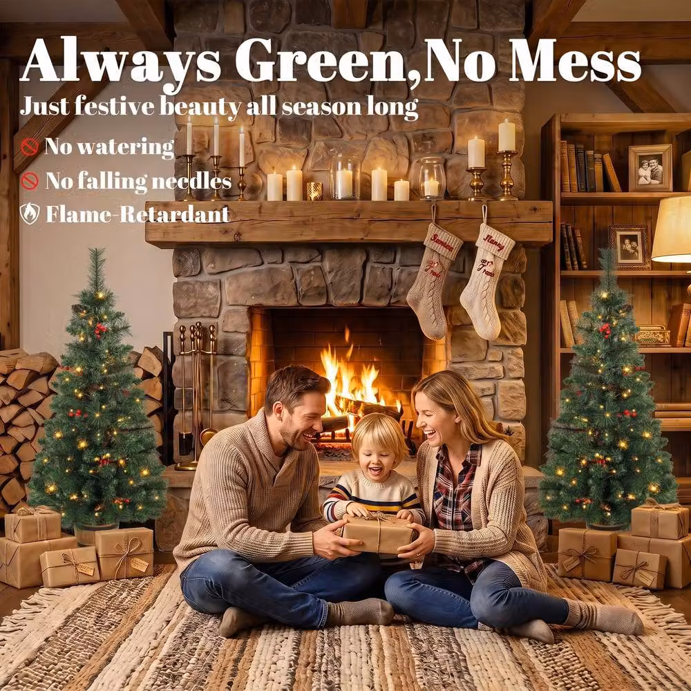 HOMCOM Set of 2 Prelit Christmas Trees with Dual-Colour LED Lights and Red Berries, Green, Height: 122 cm – 4