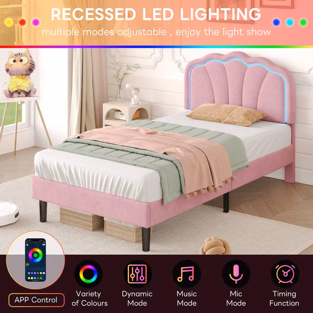Merax Velvet Shell Shaped Single Bed in Pink with LED Under-Bed Lighting and Adjustable Headboard, W/D/H: 90 x 190 cm – 3