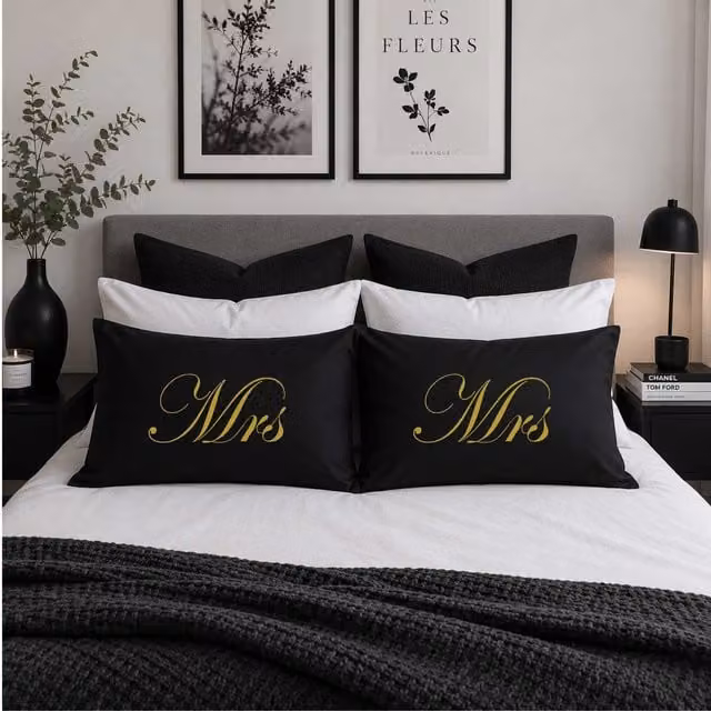 60 Second Makeover Mrs & Mrs Cotton Pillowcases in Black and Gold – 1