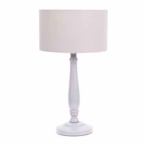 ValueLights Grey Wood Traditional Table Lamp with Fabric Drum Shade and LED Bulb