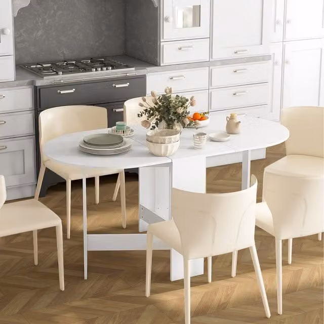 HOMCOM Modern Oval Extendable Kitchen and Dining Room Table with Drop Leaf in White