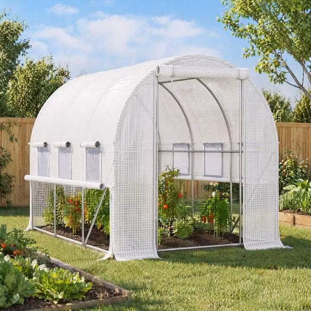 STILVORA Walk-In Greenhouse with Roll-Up Doors, Windows and PE Cover in White – 1