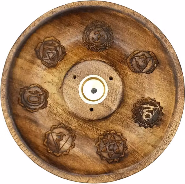 KDMD 7 Chakra Round Wooden Incense Stick and Cone Burner Disc in Brown