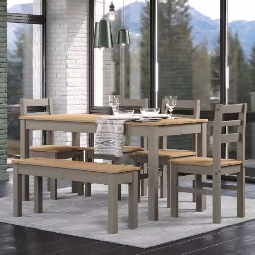 Core Products Linea 1500 mm Rectangular Dining Table with Linea Bench and 4 Corona Dining Chairs in Antique Waxed Pine and Grey