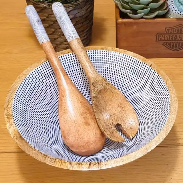 Hartsmede Hand Turned Medium Wooden Serving Bowl with Spoons in Geometric Blue – 1