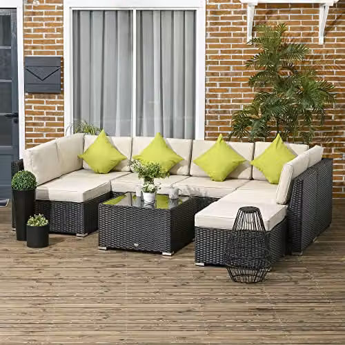 Outsunny 8 Piece L-Shape Rattan Garden Furniture Set with Cushions and Ottoman in Black – 2