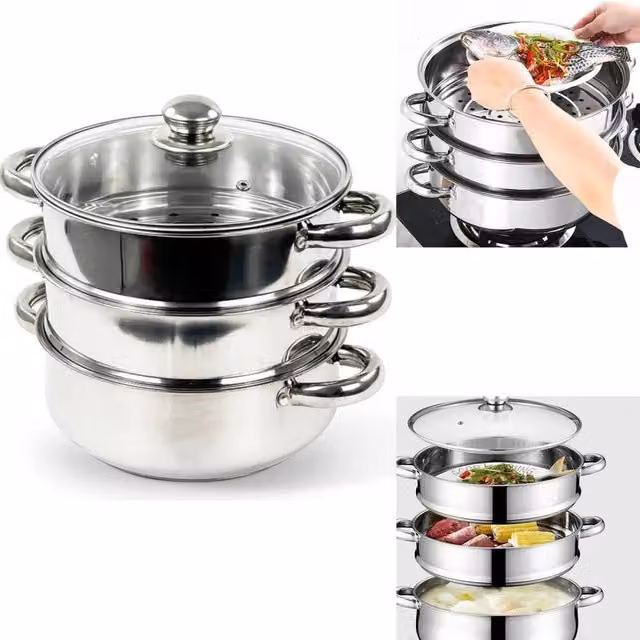 NESTLUNE 3-Tier Stainless Steel Steamer Pot in Silver, 28 cm – 1